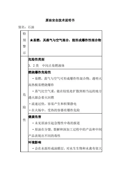 原油安全技术说明书