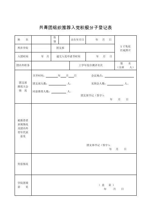 共青团组织推荐入党积极分子登记表