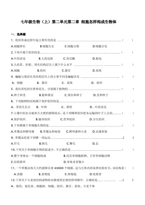 七年级生物上册第二单元第二章《细胞怎样构成生物体》测试题