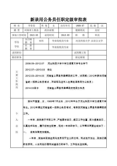 新录用公务员任职定级审批表 2