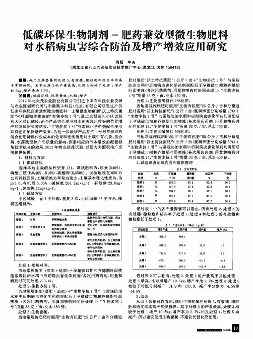 低碳环保生物制剂-肥药兼效型微生物肥料对水稻病虫害综合防治及