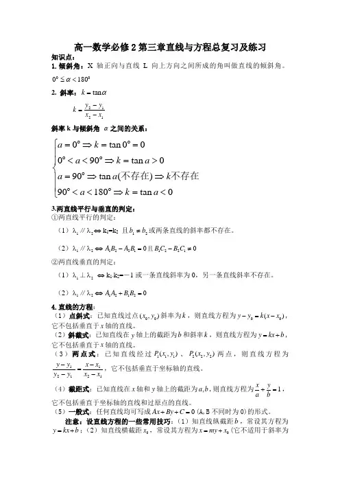 高一数学必修2第三章直线与方程总复习及练习3