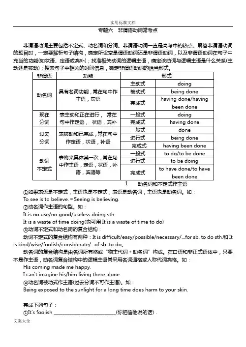 【最高考】2015高考英语语法精讲+精练：专题六+非谓语动词常考点