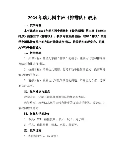 2024年幼儿园中班《排排队》教案