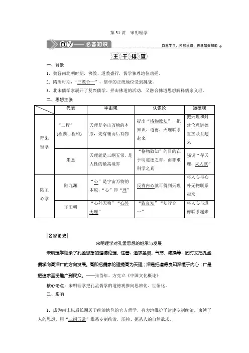 2021版江苏高考选考历史一轮复习学案：第31讲 宋明理学 Word版含答案