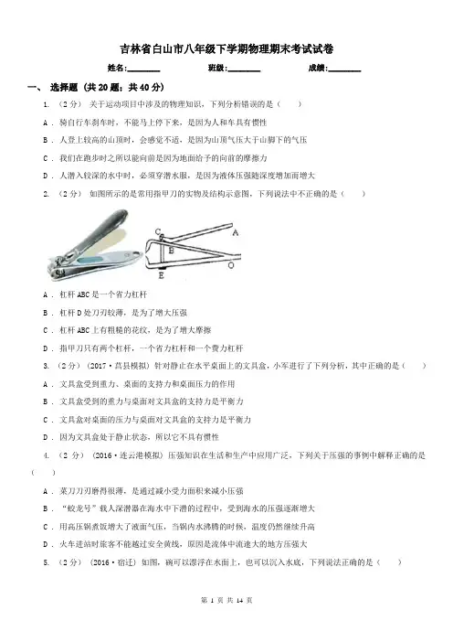 吉林省白山市八年级下学期物理期末考试试卷