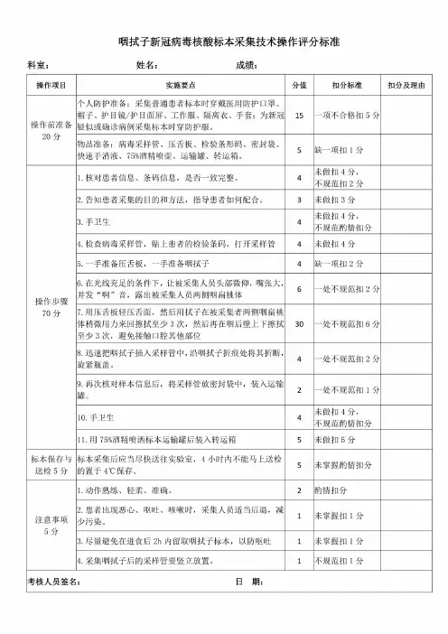 咽拭子新冠病毒核酸标本采集技术操作评分标准