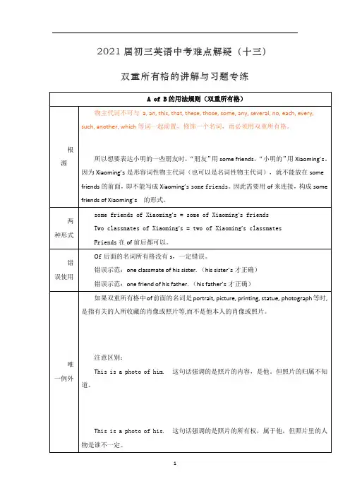 九年级英语中考难点解疑(十三)双重所有格的讲解