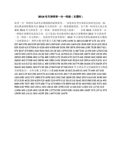 2016年天津高考一分一档表(文理科)