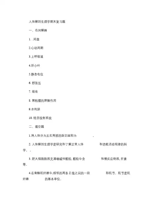 人体解剖生理学期末复习题汇总