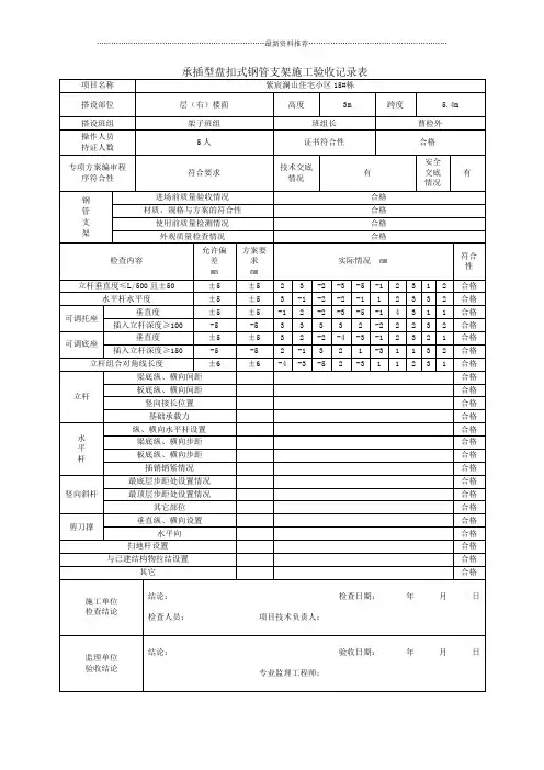 承插型盘扣式钢管支架施工验收记录表格(新)精编版