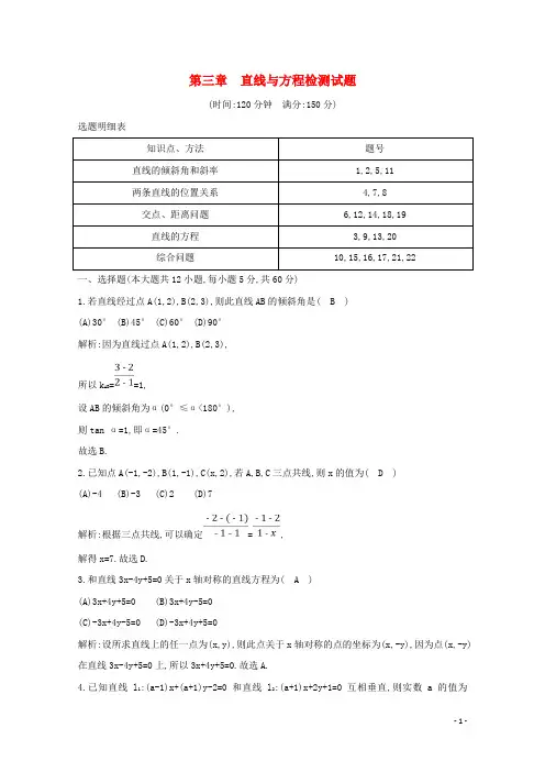 高中数学第三章直线与方程检测试题新人教A版必修2