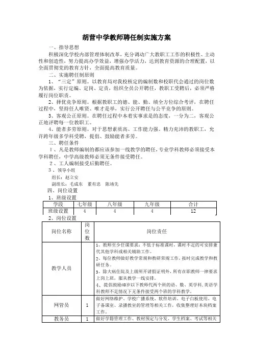 胡营中学教师聘任制实施方案