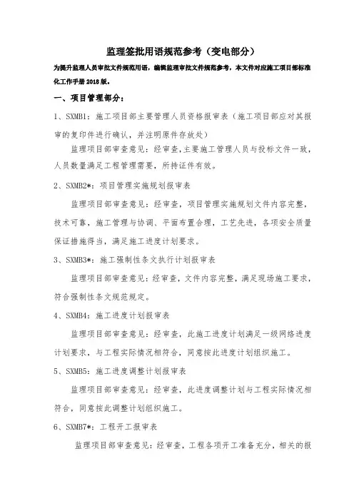 监理项目部签批用语参考(对应2018版标准化手册)