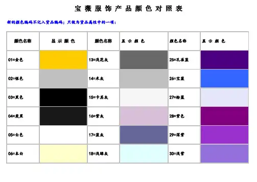 服饰产品颜色对照表