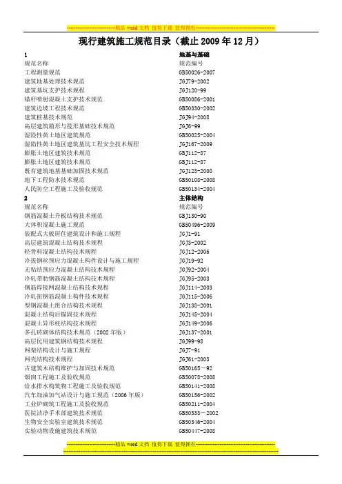 现行建筑施工规范目录(截止2009年12月)