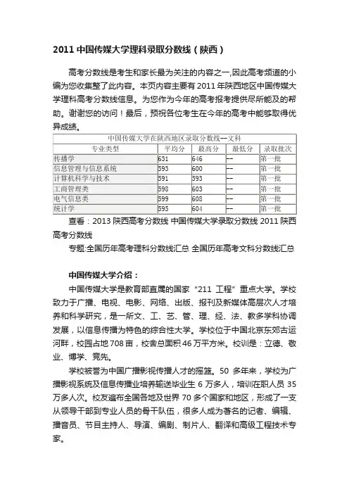 2011中国传媒大学理科录取分数线（陕西）
