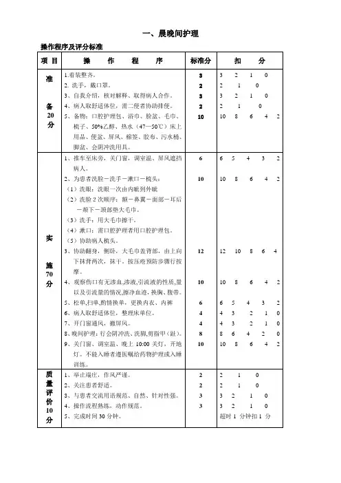 护理操作考试步骤及评分标准