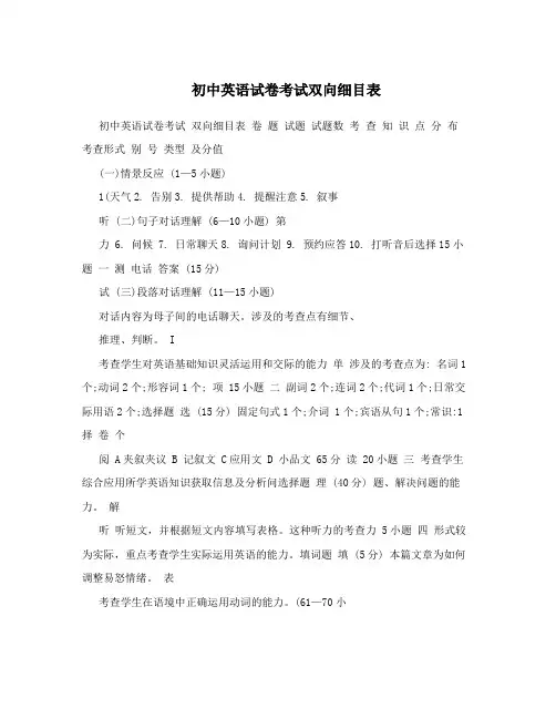 初中英语试卷考试双向细目表
