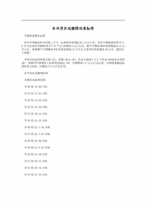 各孕周宫高腹围体重标准