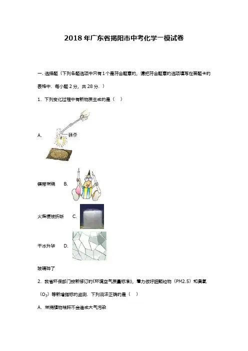 最新2018—2019年广东省揭阳市中考化学模拟试题及答案详解