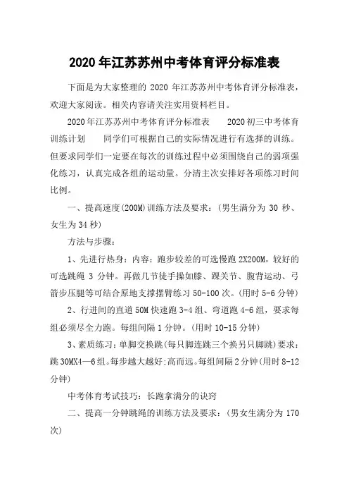 2020年江苏苏州中考体育评分标准表