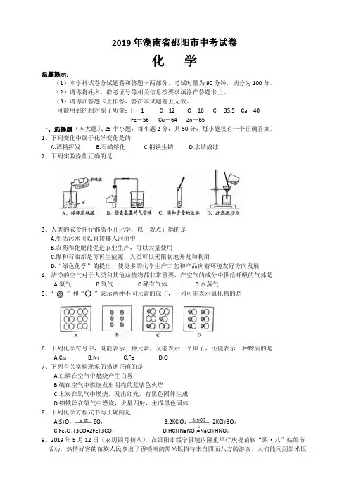 2019年湖南省邵阳市中考化学试卷(含答案)