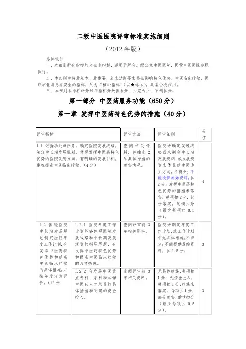 二级中医医院评审标准实施细则(某年版)