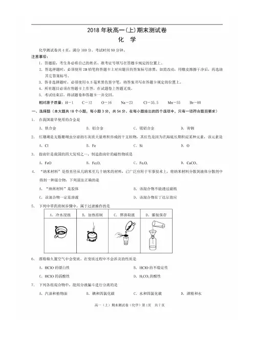 重庆市部分区县2018-2019学年高一上学期期末测试 化学(含答案)