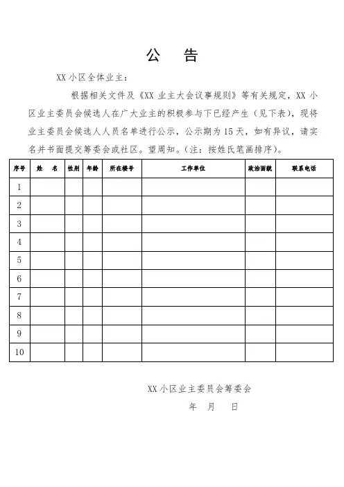 业委会候选人公告模板