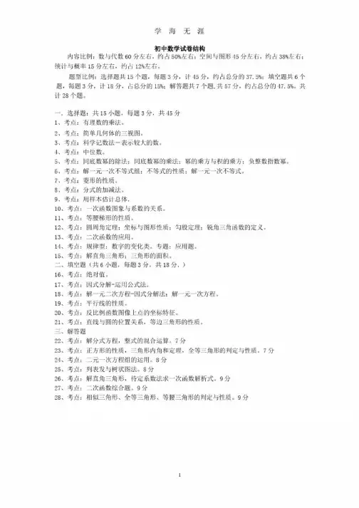 初中的考试题型和所占的分值-中考数学占分比例