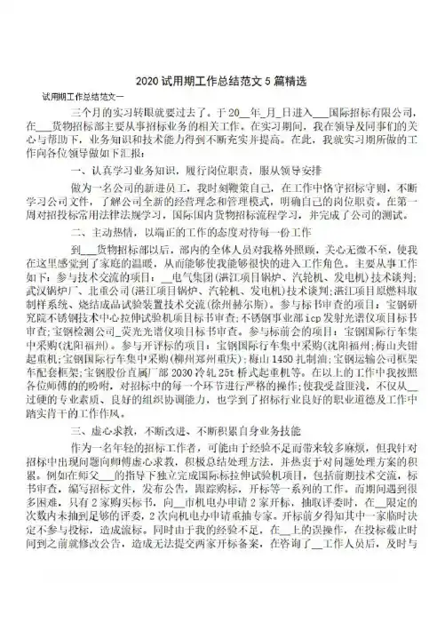 2020试用期工作总结范文5篇精选