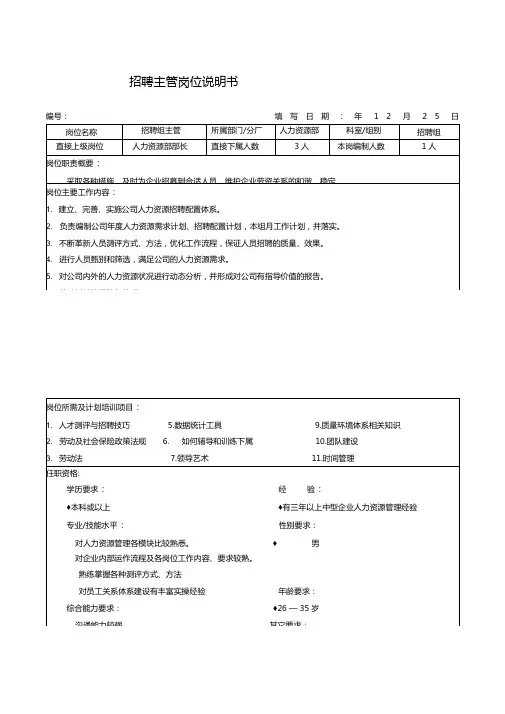 招聘主管岗位说明书