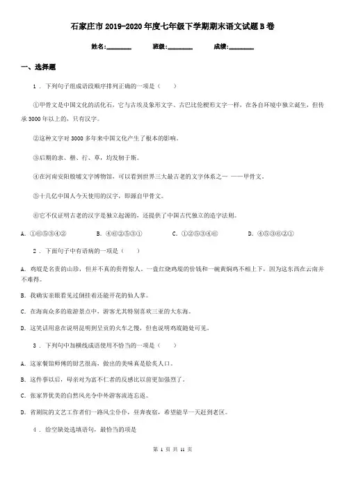 石家庄市2019-2020年度七年级下学期期末语文试题B卷