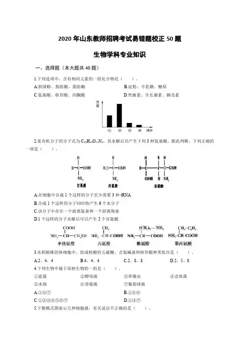 2020 年山东教师招聘考试易错题校正 50 题 生物学科专业知识