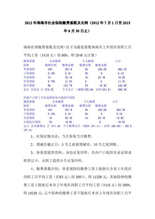 22012年珠海市社会保险缴费基数及比例