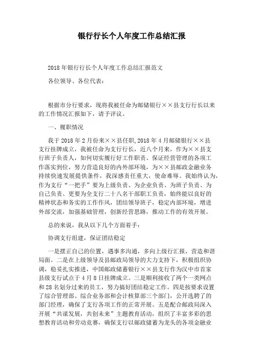 银行行长个人年度工作总结汇报