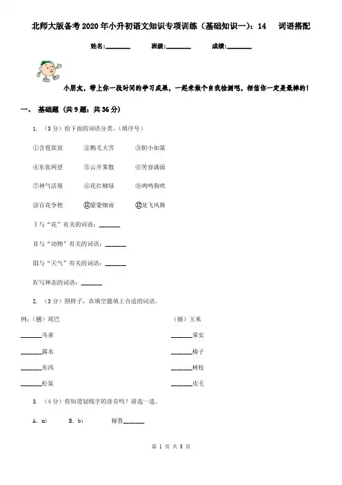 北师大版备考2020年小升初语文知识专项训练(基础知识一)：14   词语搭配