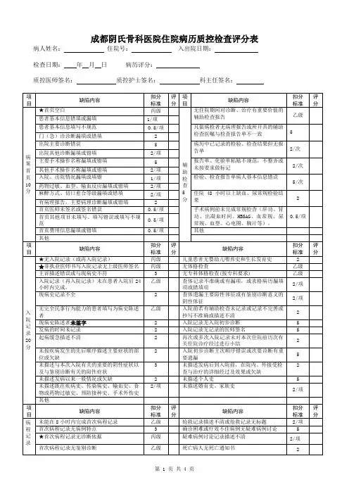 住院病历质控检查评分表