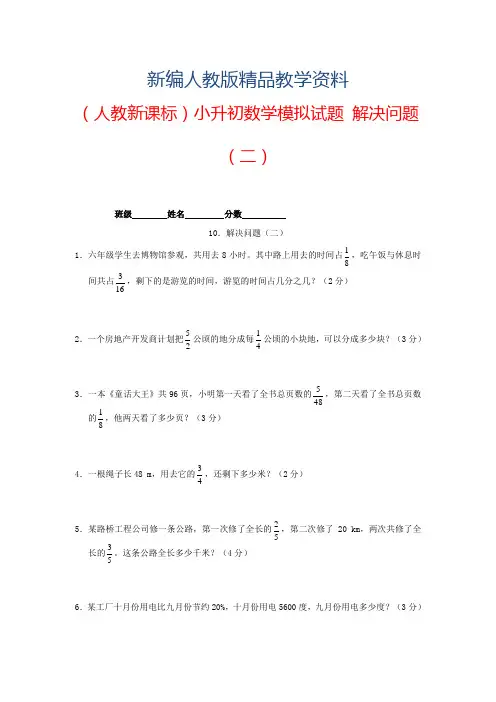新编人教版六年级数学小升初专题练习：解决问题(二)