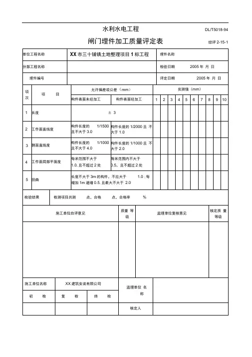 【全套】水利水电工程闸门施工质量评定表