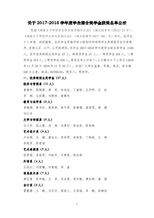 关于2017-2018学年度学生综合奖学金获奖名单公示
