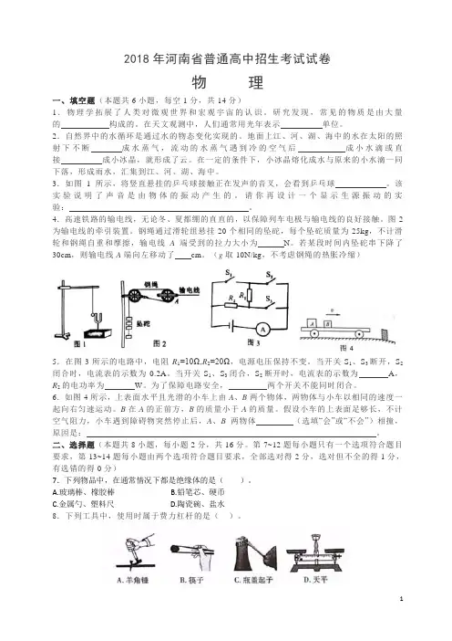 河南省2018年中考物理试题及答案-物理中考真题(中考真题)