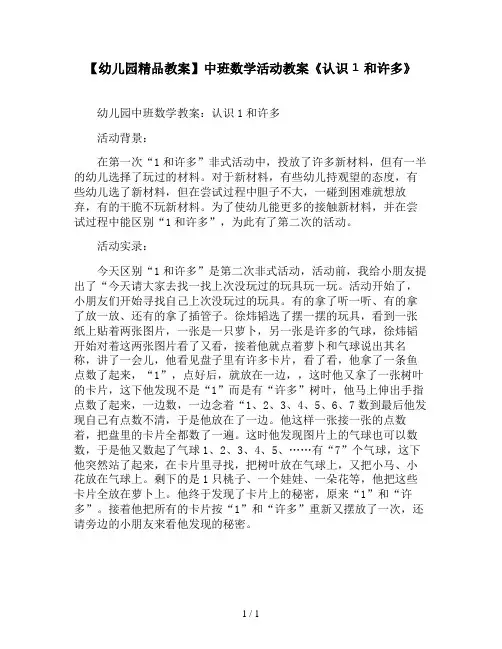 【幼儿园精品教案】中班数学活动教案《认识1和许多》