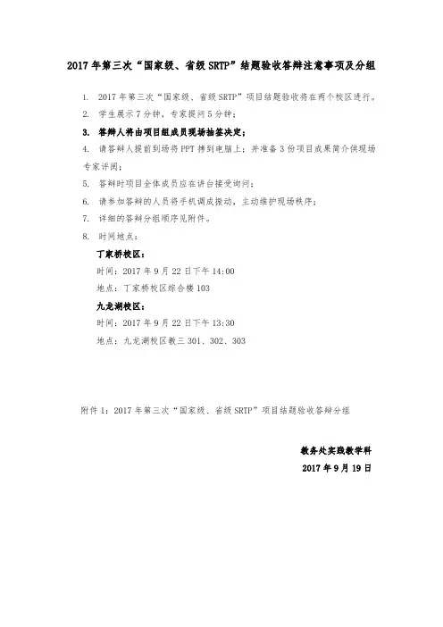 2017年第三次国家级、省级SRTP结题验收答辩注意事项
