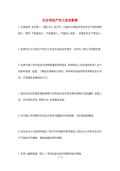 分公司生产专工安全职责