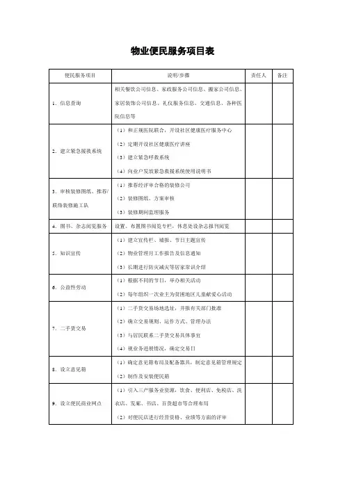 物业便民服务项目表