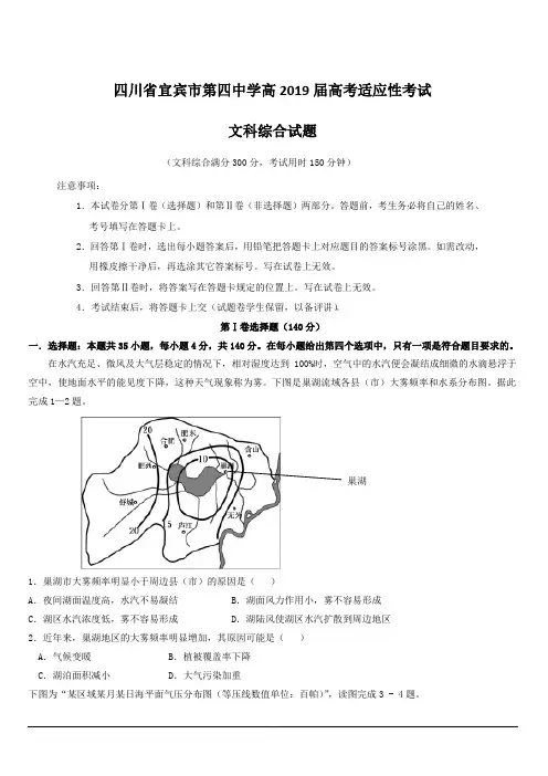 四川省宜宾市第四中学2019届高三高考适应性考试地理试题【附答案】