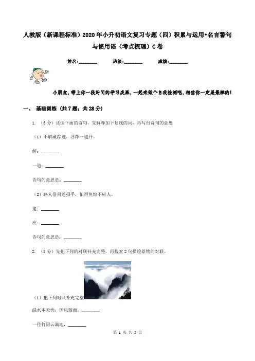人教版(新课程标准)2020年小升初语文复习专题(四)积累与运用-名言警句与惯用语(考点梳理)C卷