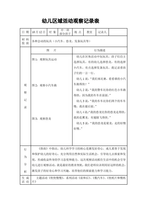 幼儿区域活动观察记录表